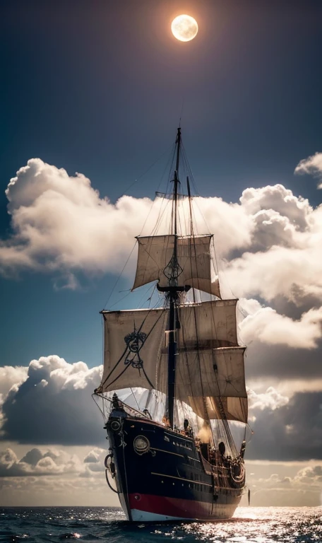 ((Pirate Ship,,Steampunk, Pirate Airship)), windmill, Lighthouse, Aircraft turbine mounted on the bottom of the island, （Heavenly light shines from above the clouds）, Neon Light, Fantastic Moon, Futuristic,