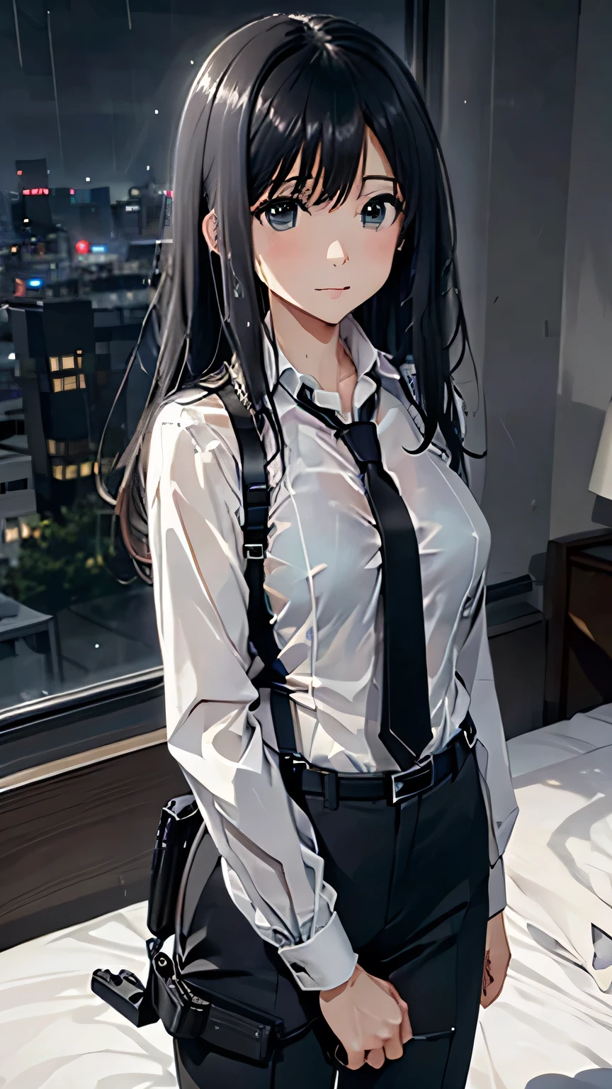 1 female, , high quality, masterpiece, Ultra-high resolution, , Cinema Lighting, , , And the suspenders with the cranes flying Large Breasts Small face holster Lying in bed Looking up Sweat belt summer 脇Sweat Black Hole Gloves suit shirt Black jacket Black trousers Leg Links ズボンにbelt holster Hands behind your back Anxious expression Looking up Anxious face, legs apart Armament Handgun handcuffs Cable ties レッグholster holster See-through clothing heavy rain Getting wet in the rain