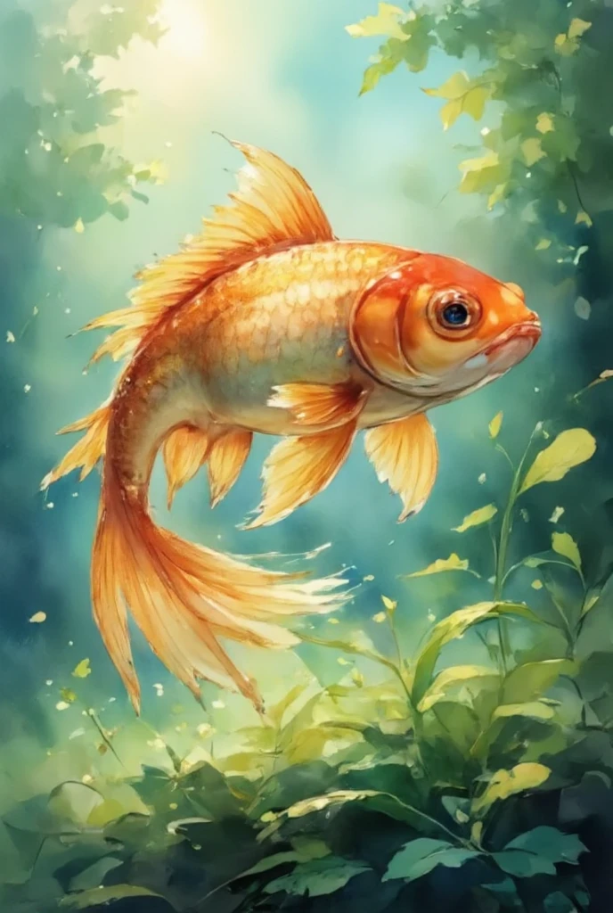 Best quality, very good, 16K, Ridiculous, Very detailed, Gorgeous(Goldfish)))，Made of translucent Ceramics, Background grassland（（A masterpiece full of fantasy elements）））， （（Best quality））， （（Intricate details））（8K）