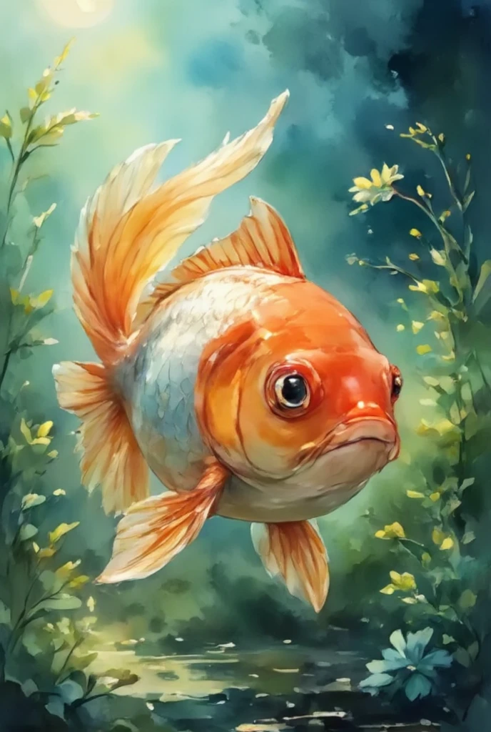 Best quality, very good, 16K, Ridiculous, Very detailed, Gorgeous(Goldfish)))，Made of translucent Ceramics, Background grassland（（A masterpiece full of fantasy elements）））， （（Best quality））， （（Intricate details））（8K）