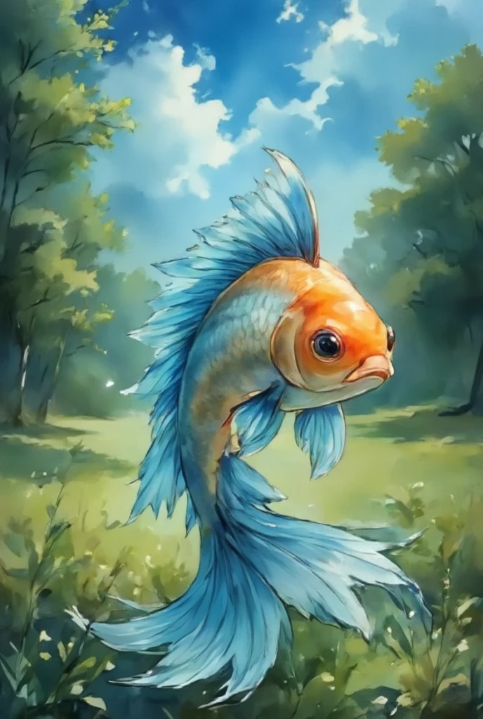 Best quality, very good, 16K, Ridiculous, Very detailed, Gorgeous(Goldfish)))，Made of translucent Ceramics, Background grassland（（A masterpiece full of fantasy elements）））， （（Best quality））， （（Intricate details））（8K）