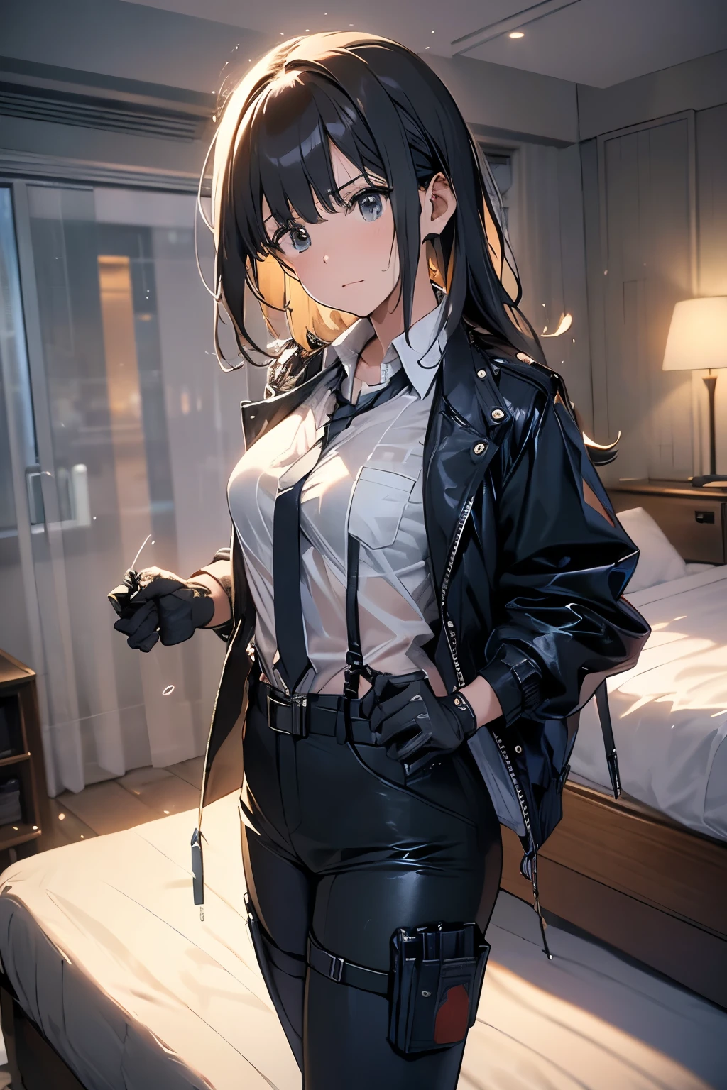 1 female, , high quality, masterpiece, Ultra-high resolution, , Cinema Lighting, , , And the suspenders with the cranes flying　　　Large Breasts　 　 　　　　Small face　 　　　holster　　　　　　　 Lying in bed　Looking up　　　　Sweat 　　　belt　summer　脇Sweat 　Black Hole Gloves　suit　shirt　　Black jacket　 Black trousers　Leg Links　ズボンにbelt　　holster　 　　Hands behind your back　 Anxious expression　Looking up　Anxious face, legs apart　Armament　Handgun　handcuffs　Cable ties　レッグholster　holster　See-through clothing　heavy rain　Getting wet in the rain
