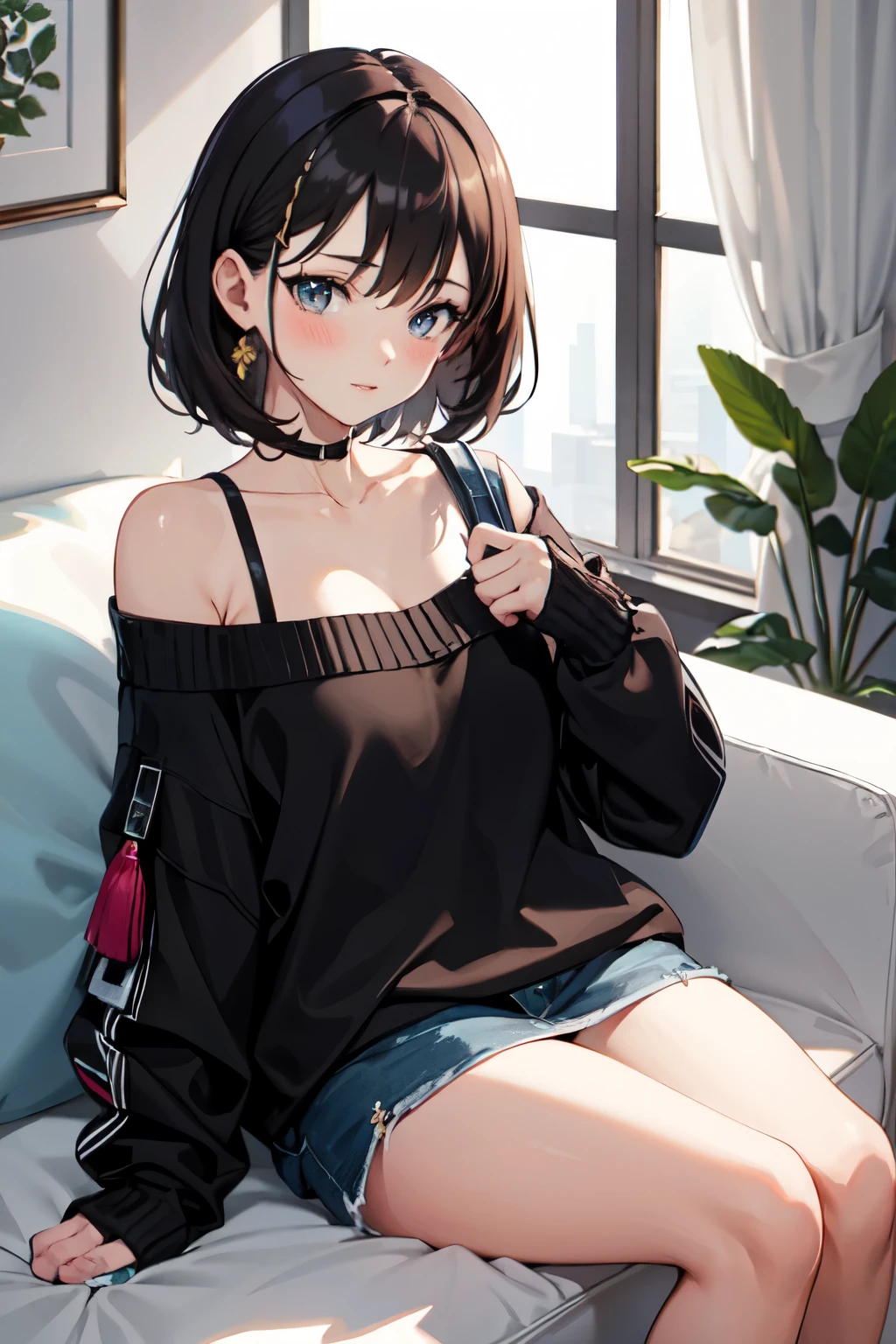 master piece、Highest image quality、highest quality、 ((panic))、glossy hair quality、small face、sitting、Super detailed and beautiful bright eyes、Super detailed clear and beautiful face、(cute illustration:1.2), High-resolution, ultra-detailed, best quality, embarrassed、(Gaps in shorts).(Cute underwear that can be seen at a glance)、off shoulder