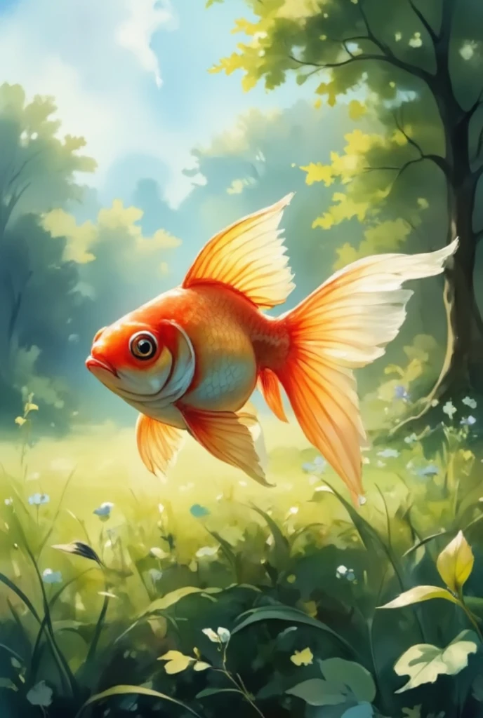 Best quality, very good, 16K, Ridiculous, Very detailed, Gorgeous(Goldfish)))，Made of translucent Ceramics, Background grassland（（A masterpiece full of fantasy elements）））， （（Best quality））， （（Intricate details））（8K）