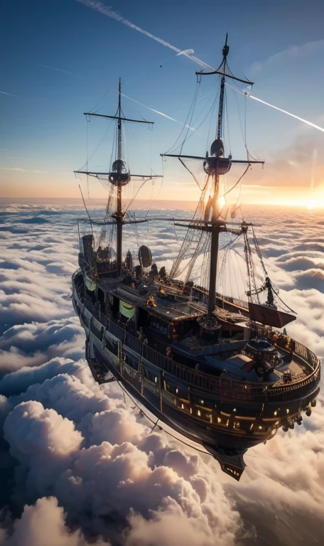 ((Super luxurious flying pirate ship,,Steampunk, Pirate Airship)),（Heavenly light shines from above the clouds）, Neon Light, Fantastic view from above the clouds, Futuristic,Impressive pirate ship