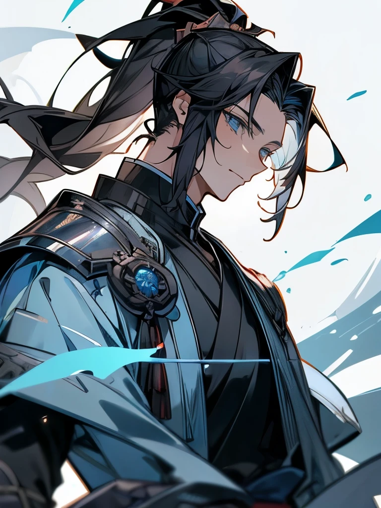 Mature adult man ((masculine and youthful face)) army general, blue eyes, black hair tied in a ponytail, blue armor, sword of the sea god Susano'o, manhua style