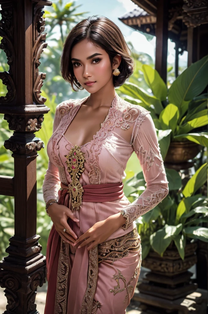 masterpiece, Indonesian woman ,ultra realistic,32k,intricate details, sharp focus, realistic, closed, seductive pose, black eyes, jewelr, lips, realistic, looking_at_viewer, wet skin, shiny skin, SHORT SLEVES, indonesian clothes, bali, balinese, cityscape, transparent dynamic pose,((pink kebaya)),(((transparent kebaya))),full body,busty body,curvy body,tigh,large breast,long hair,beauty face,cowboy shot,