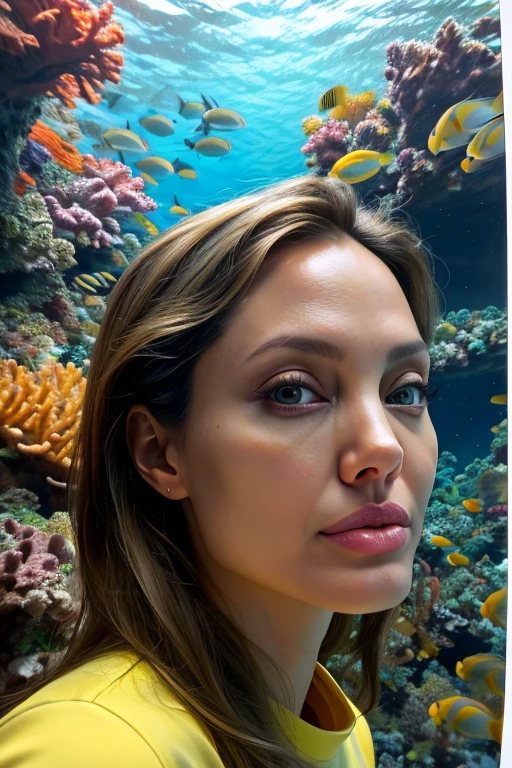 Angelina Jolie closeup, desfile,  beautiful,  closeup, upper body, 
elenok ella style,Polaroid,
cozy,
Yellow shirt, 
 highres, detailed, , 
Vibrant coral reef and diverse marine life at the background, best quality, masterpiece,   
