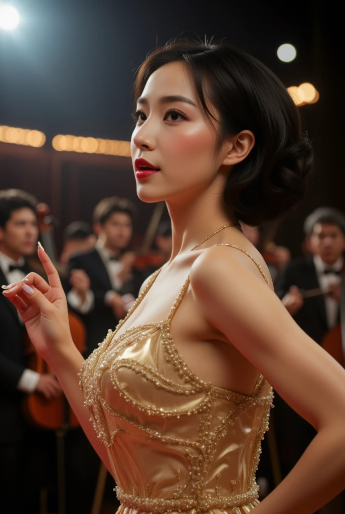 (sharp focus:1.2), 1 girl, exhausting (little black dress:1.2) in a (gala:1.2), (changing lighting:1.2), depth of field, bokeh, 4k, HdR. by (Alphonse Mucha:1.1).
