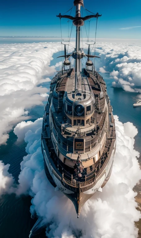 ((Super luxurious flying pirate ship,,Steampunk, 海賊airship)),（Heavenly light shines from above the clouds）、Wide-angle lens image, evening, Fantastic view from above the clouds, Futuristic,（Impressive pirate ship）、airship