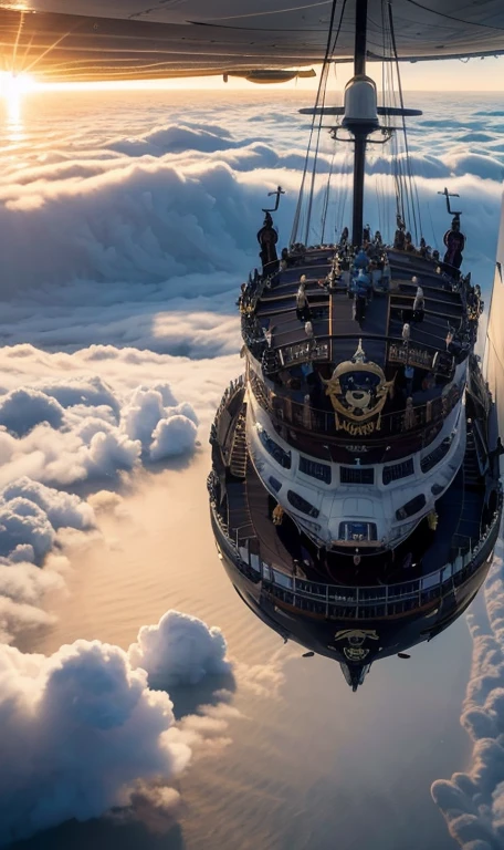 ((Super luxurious flying pirate ship,,Steampunk, 海賊airship)),（Heavenly light shines from above the clouds）、Wide-angle lens image, evening, Fantastic view from above the clouds, Futuristic,（Impressive pirate ship）、airship