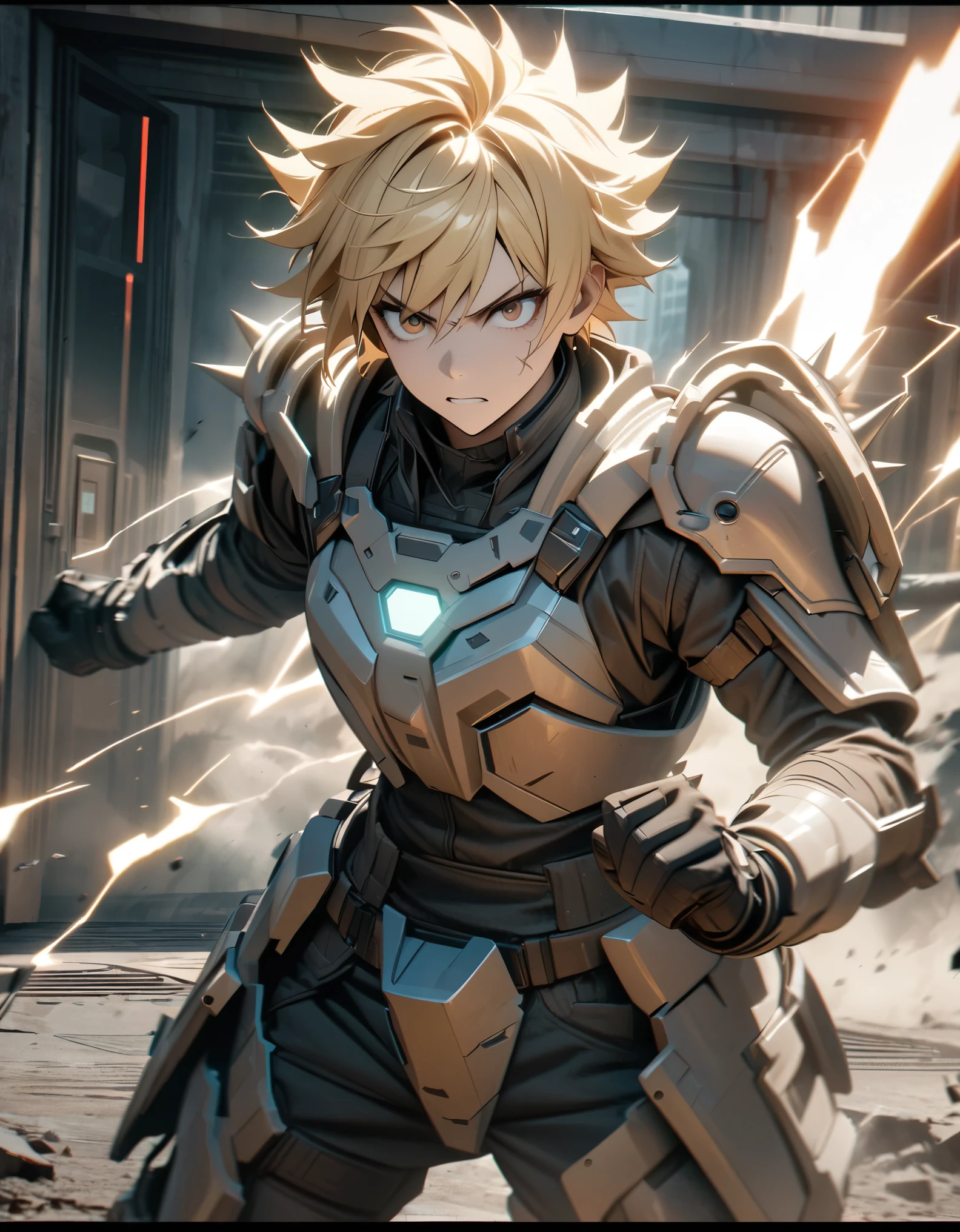 Masterpiece, best quality, high resolution, 8k, 4k, detailed, solo, solo focus, blonde hair, short hair, spiky hair, brown eyes, psychotic look, male mercenary, futuristic light armor, cowboy shot, cinematic lightning, bank entrance, dynamic battle stance, dramatic atmosphere.