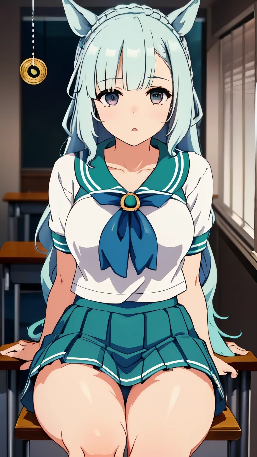 ((White-eye Aldan \(Uma Musume\))), (masterpiece:1.2, Best Quality), 8k, High resolution, Very detailed:1.3, (CG), (Beautiful face), (Long Hair:1.5), (Detailed ears:1.5), (Earrings 1.5), (One Girl:1.3), (whole body:1.3), 1girl, thighs, (sit deeply in a chair:1.3), (Pendulum sapphire), (Strongly shining pendulum:1.6), (Pendulum is in the middle of the face:1.6), (look at pendulum:1.6), (arms behind back:1.5), (School classroom:1.4), (expressionless:1.4), (no pupils:1.4), (Light green sailor suit:1.5), ((Light green mini skirt:1.5), (Lace panties:1.3), (Front view:1.2)