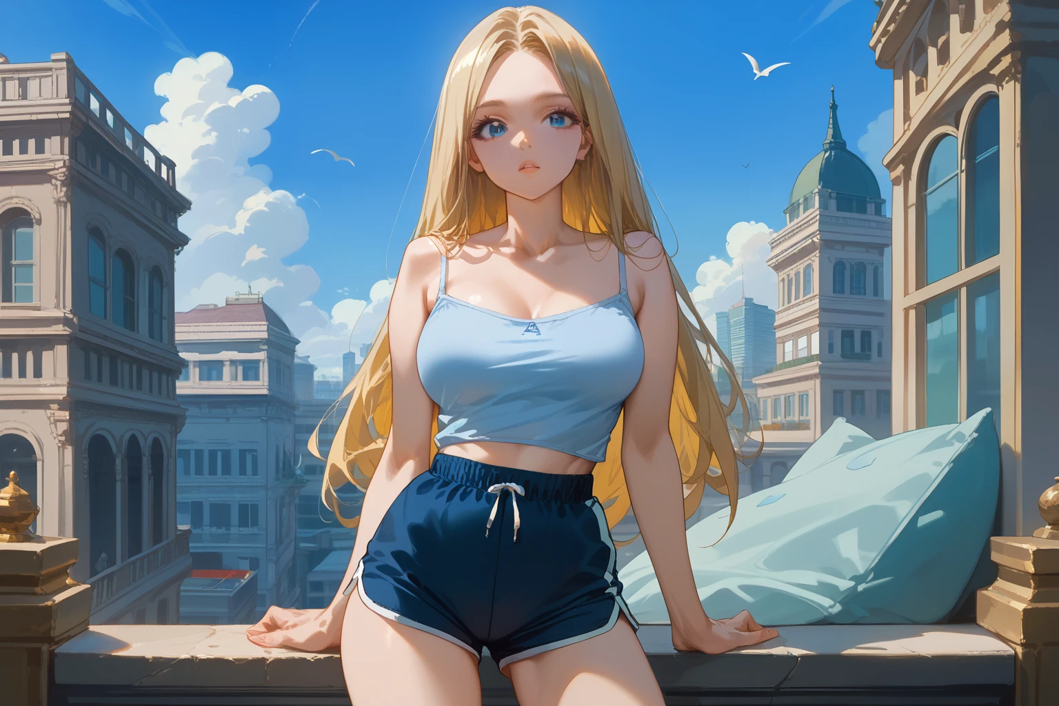 score_9, score_8_up, score_7_up, masterpiece, best quality, very aesthetic, absurdres, 1girl, solo,long hair(waist length), blonde female, large breasts, curvy breasts, slim waist, slender body, blue eyes, white camisole, collarbone,dolphin shorts, slender legs, city background