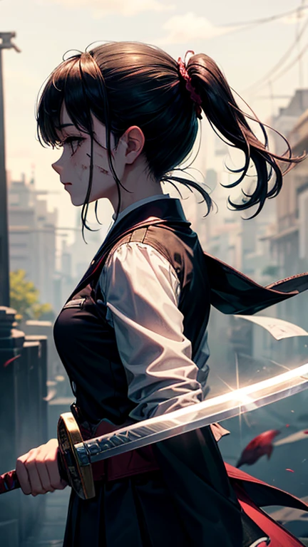 ((Best Quality)), ((masterpiece)), (detailed), Perfect Face,Perfect Face,　1girl, Injury、Bleeding、Hold the sword、Vibrant、Kanao Tsuyuri , Black uniform、side view 