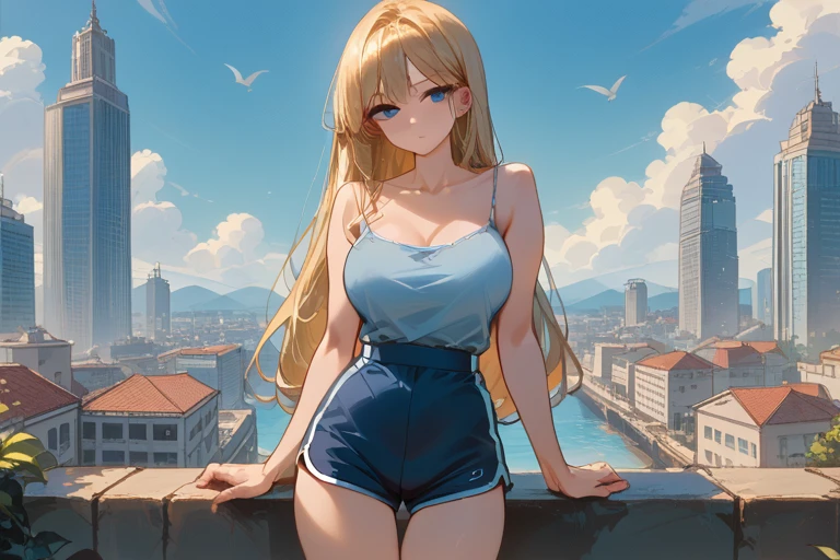 score_9, score_8_up, score_7_up, masterpiece, best quality, very aesthetic, absurdres, 1girl, solo,long hair(waist length), blonde female, large breasts, curvy breasts, slim waist, slender body, blue eyes, white camisole, collarbone,dolphin shorts, slender legs, city background, strap slip