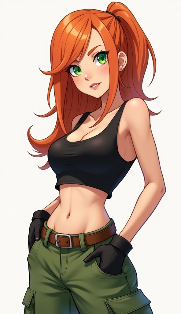  score_9, score_8_up, score_7_up, score_6_up, score_5_up, score_4_up, kim_possible,1girl,solo,long hair,black gloves,navel,green eyes,midriff,belt,green pants,orange hair,black crop top,turtleneck,room,room background,cowboy shot, completely nude, red short pubic hair, sexy