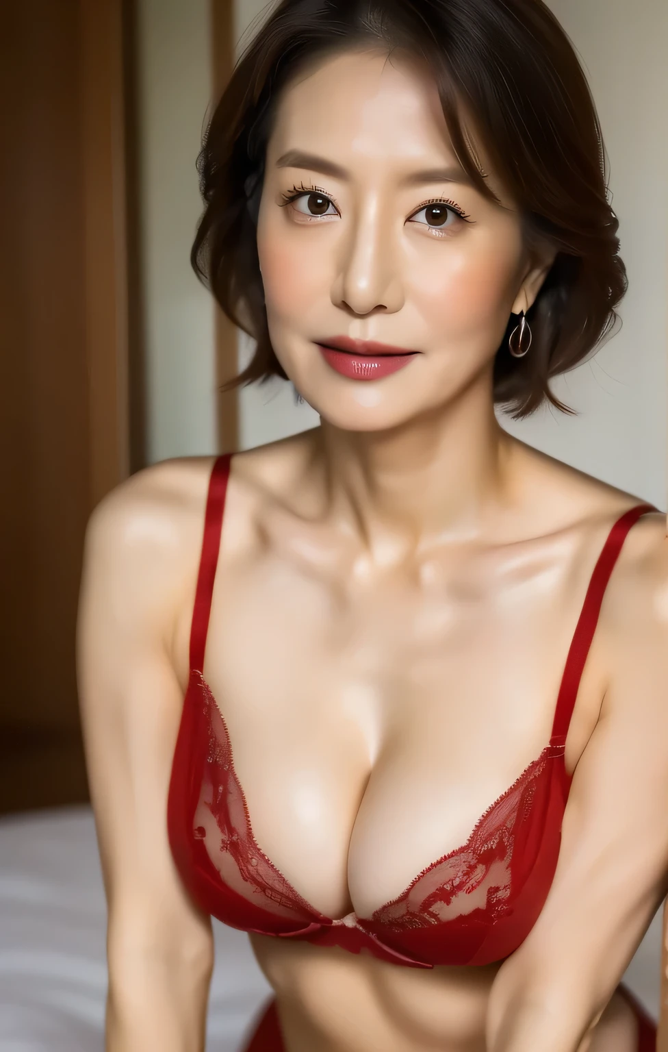 (Best Quality,8k,masterpiece),
Japanese Model,Well deep,50 years old,
Very beautiful face,Lip gloss,
Big Breasts,
Red Lingerie, 