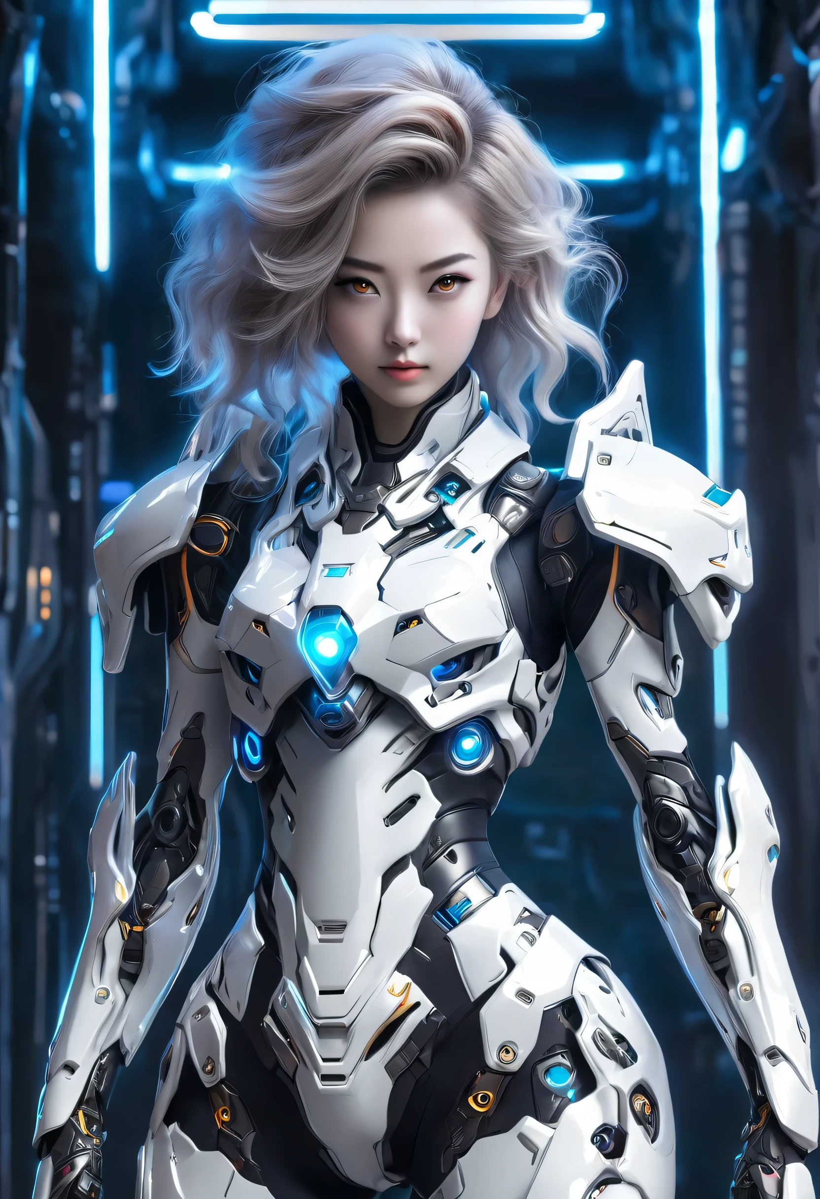 Wearing exoskeleton cyber armor, The armor fits snugly、She has a plasma gun in her hand., Full body portrait, Maximum details, Detailed drawings and excellent quality, 8k,chest, white eyes, white eyes, Let's take a look, Let's take a look, High resolution, 超High resolution, Best Quality, Shortcuts, white Hair, 大きなchest, Cinematic Lighting Effects, Futuristic, ((High tech spaceship interior with blue light illumination)),