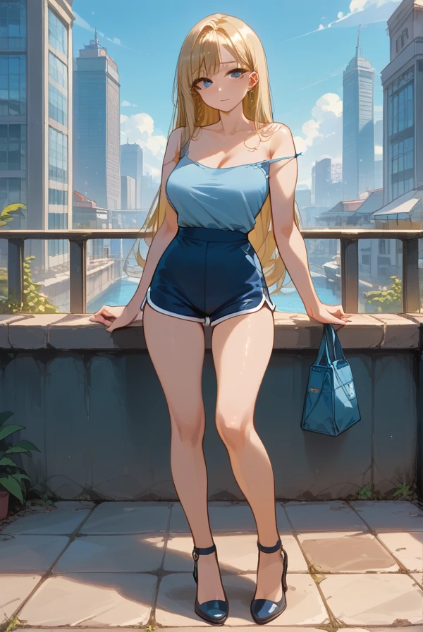 score_9, score_8_up, score_7_up, masterpiece, best quality, very aesthetic, absurdres, 1girl, solo,long hair(waist length), blonde female, large breasts, curvy breasts, slim waist, slender body, blue eyes, white camisole, collarbone,dolphin shorts, slender legs, city background, strap slip, high heels