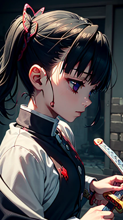 ((Best Quality)), ((masterpiece)), (detailed), Perfect Face,Perfect Face,　1girl, Injury、Bleeding、Hold the sword、Vibrant、Kanao Tsuyuri , Black uniform、side view , dark room , blood rain , damage , battle　、　one side up hair , attack , jump , torn close
