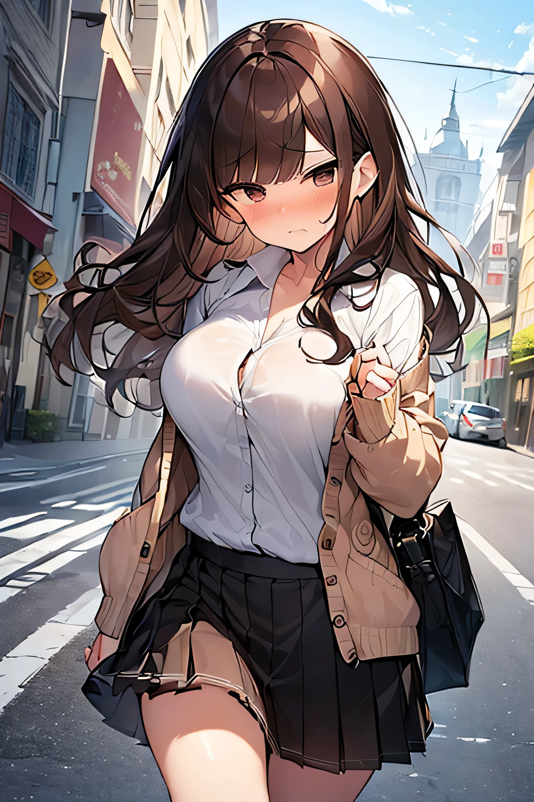 1girl, large breasts,clothes in mouth, cleavage, navel, t-shirt, ((bra)),clothes lift, shirt in mouth,