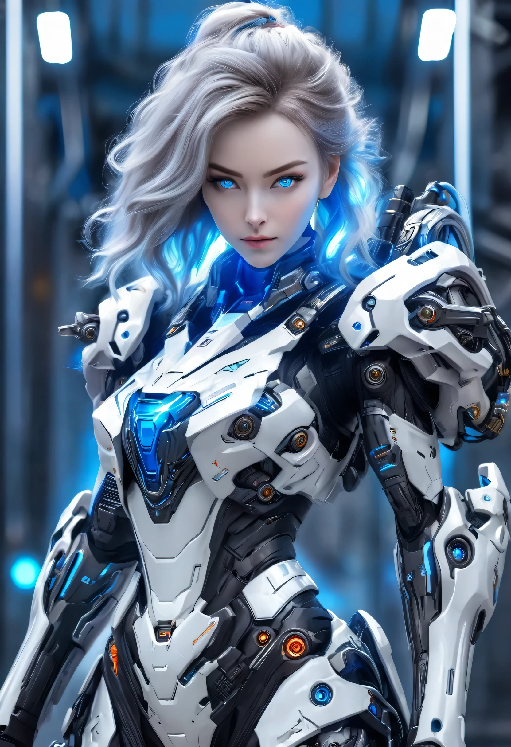 Wearing exoskeleton cyber armor, The armor fits snugly、She has a plasma gun in her hand., Full body portrait, Maximum details, Detailed drawings and excellent quality, 8k,chest, blue eyes, blue eyes, Let&#39;s take a look, Let&#39;s take a look, High resolution, 超High resolution, Best Quality, Shortcuts, Black Hair, 大きなchest, Cinematic Lighting Effects, Futuristic, ((High tech spaceship interior with blue light illumination)), 