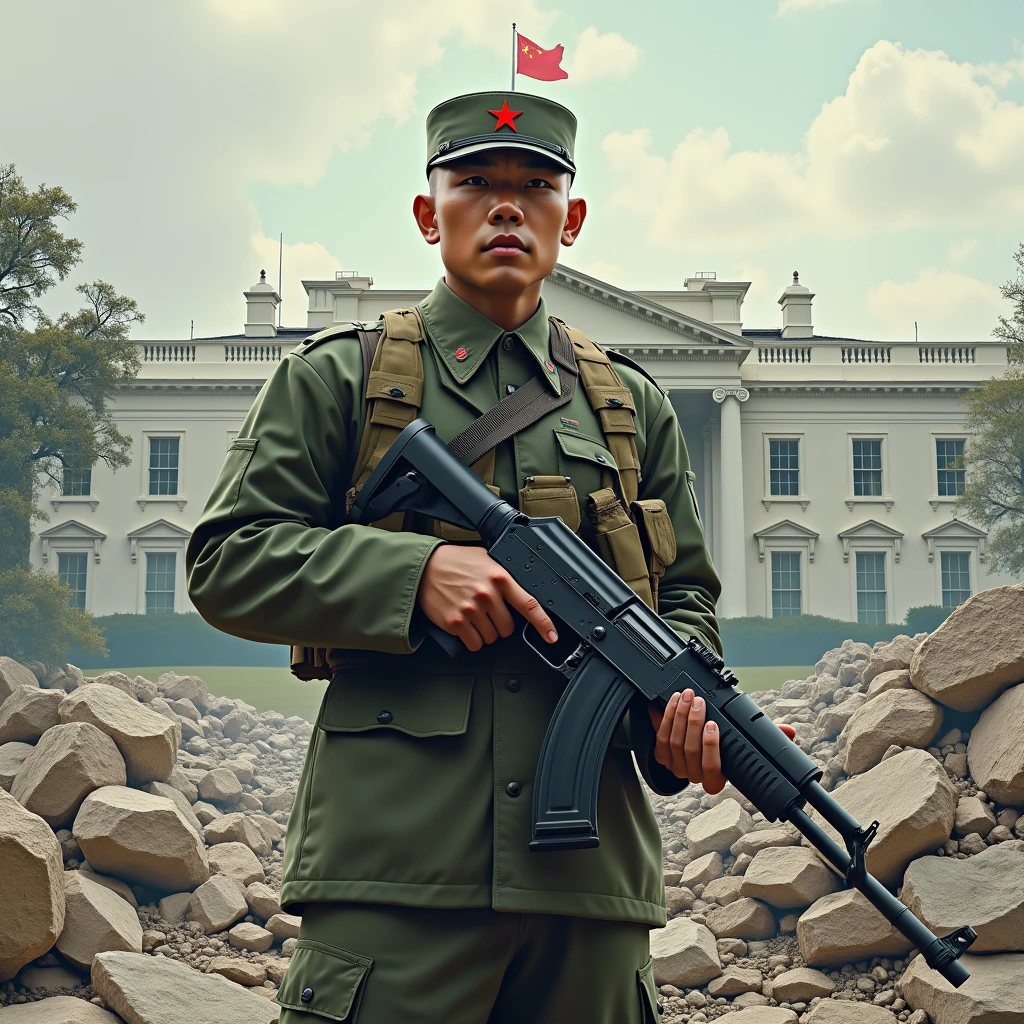There is a statue of a Soviet commissar in military uniform, Soviet town,  sovietwave, Chairman Mao, soviet nostalgia, ground level view of soviet town，The expression is solemn，majestic posture，Russians，A town in Soviet times