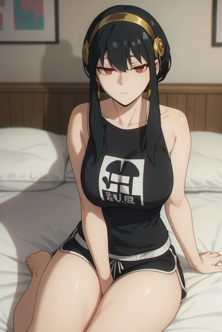 CopyYor, black hair, red eyes, gold earrings, looking at viewer,）Cuckold Face、Half-closed eyes、
short hair with long locks, sidelocks, Hair Ornament, gold hairband,
large breasts, (thick thighs:0.8),
Black sleeveless cropped t-shirt(tight)、Black Dolphin Shorts、
bedroom, bed, bed sheet, pillow, on bed,Sit on the bed