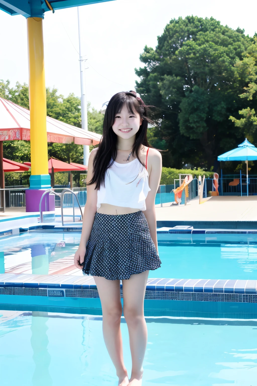 Standing by the pool at an empty school、High school girls、Swimwear、mini skirt、barefoot、Cute Face、Smiling、Full body portrait
