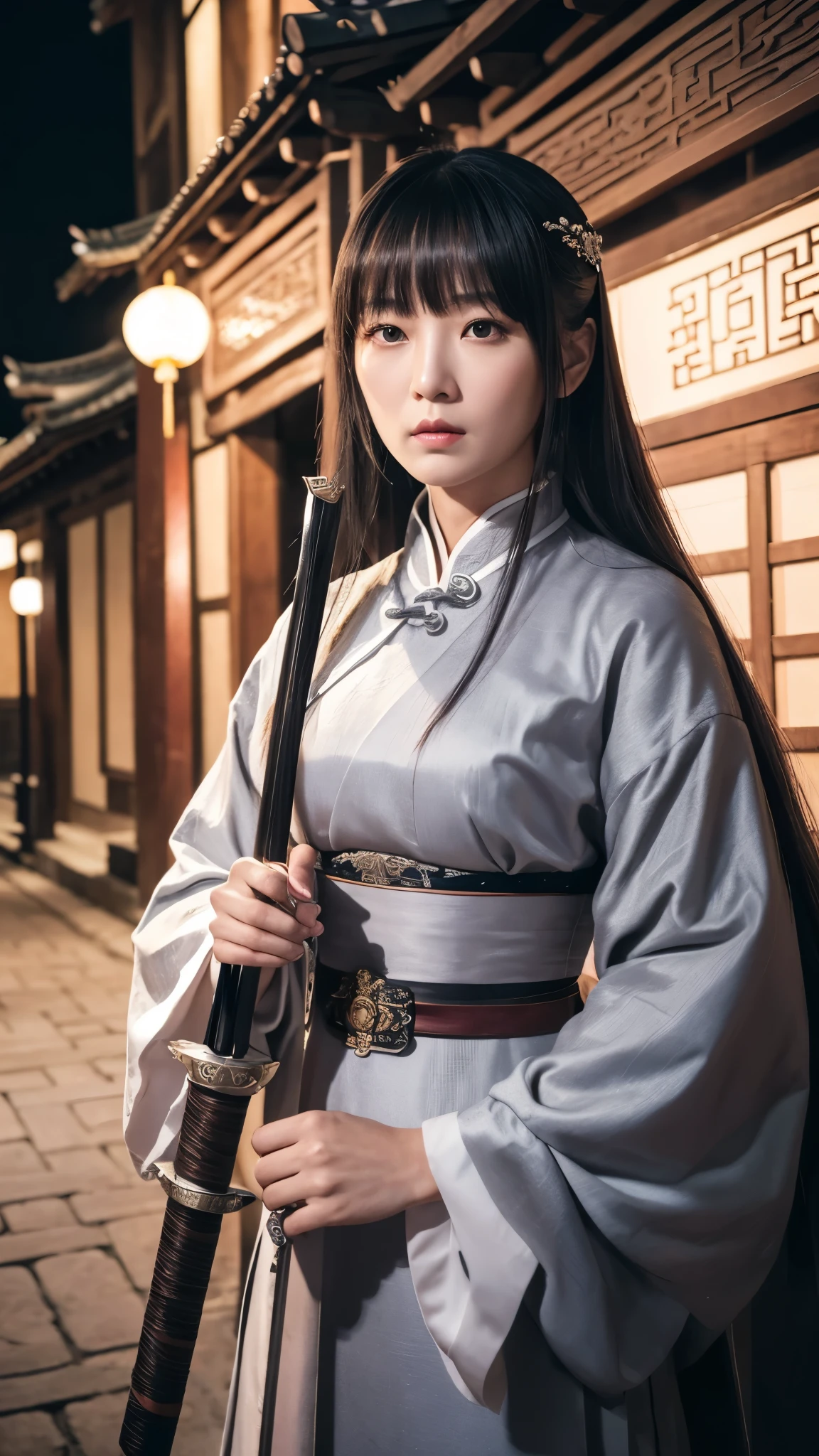 A girl, wearing hanfu, holding a sword, (negative space:1.2), gold and white and red hue, white background, (Cinematic lighting, ethereal light, intricate details, extremely detailed, incredible details, full colored), complex details, hyper maximalist, gorgeous light and shadow, detailed decoration, detailed lines. masterpiece, best quality, HDR, UHD, unreal engine. looking at the camera, fair skin, beautiful face,gongbi style,swordup