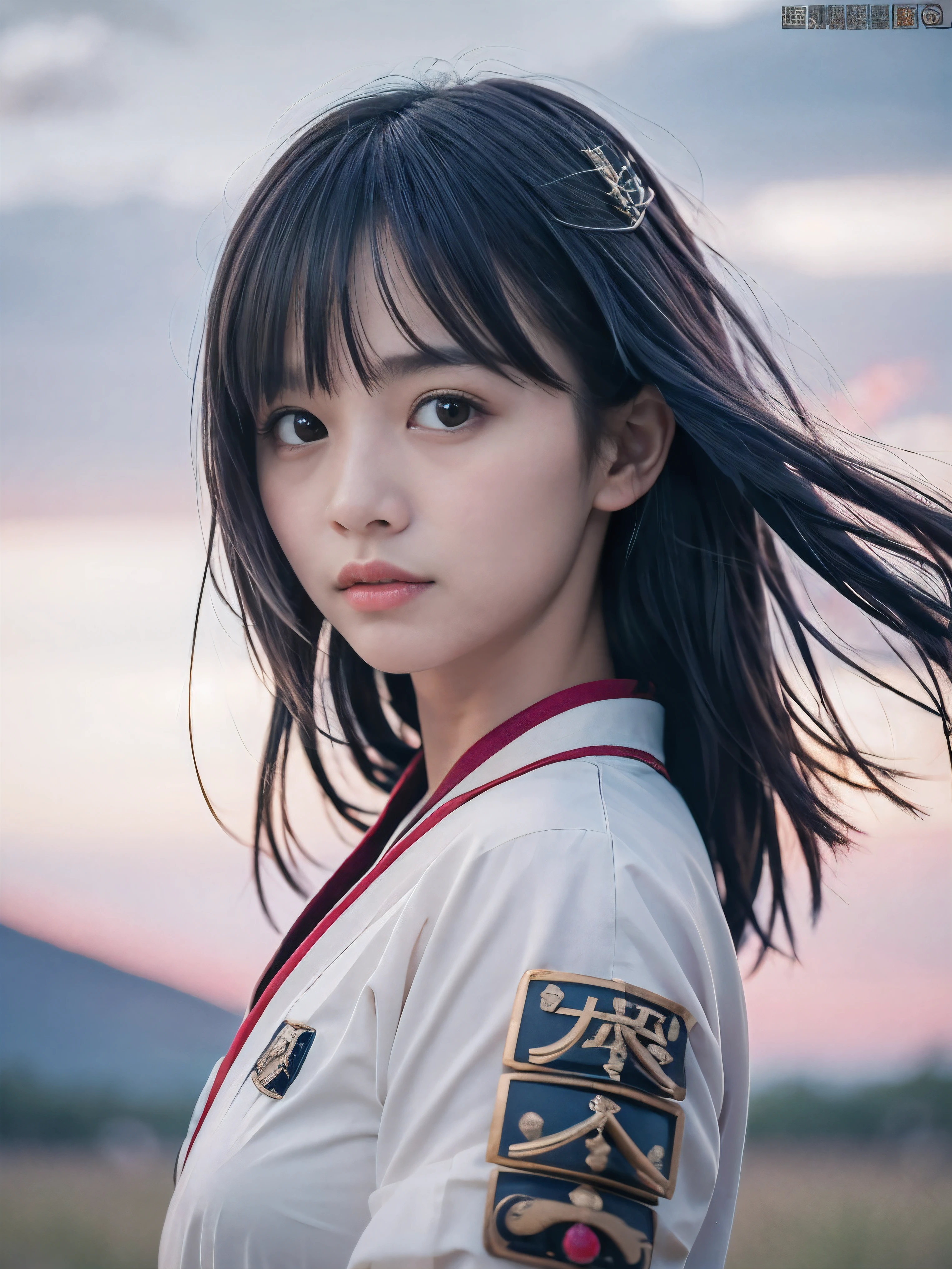 (Close up portrait of one slender small breasts two side up black medium hair with bangs girl in white kimono and an red colored armor warrior as samurai in Japan:1.5)、(One girl is point of a white-bladed sword on the grassland in Japan:1.3)、(Beautiful red sky:1.5)、(blurred background:1.5)、(Natural light:1.5)、(8k ultra detailed master piece:1.5)、(perfect anatomy:1.5)、(Photorealistic stick:1.5)、(Raw photo:1.3)、(highest quality:1.5)、(High resolution:1.3)、(Delicate and beautiful perfect face:1.3)、(Delicate and beautiful eye air skin:1.3)、(Real Human Skin:1.3)、((thin legs))