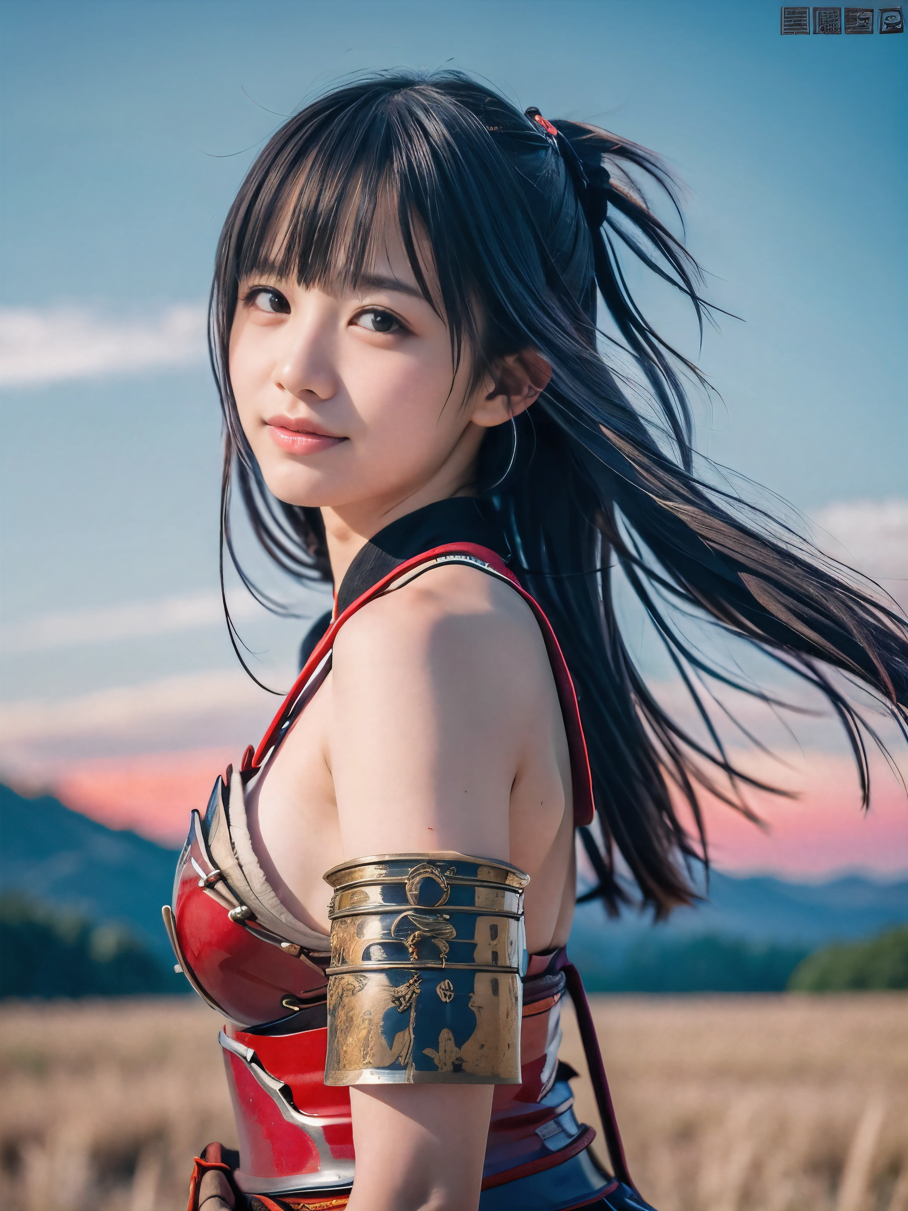 (Close up portrait of one slender small breasts two side up black medium hair with bangs girl in an red colored armor warrior as samurai in Japan:1.5)、(One girl is point of a white-bladed sword on the grassland in Japan with small smile:1.3)、(Beautiful red sky:1.5)、(blurred background:1.5)、(Natural light:1.5)、(8k ultra detailed master piece:1.5)、(perfect anatomy:1.5)、(Photorealistic stick:1.5)、(Raw photo:1.3)、(highest quality:1.5)、(High resolution:1.3)、(Delicate and beautiful perfect face:1.3)、(Delicate and beautiful eye air skin:1.3)、(Real Human Skin:1.3)、((thin legs))