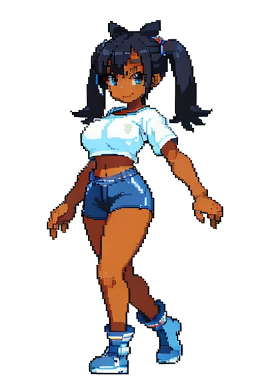 1 female, black hair, twintails, darker skin, brown skin, huge breast, thick legs, light blue eyes, sport clothes, crop top, short short, sportwear, sport short, boots, home, bedroom, happy face, sexy pose
