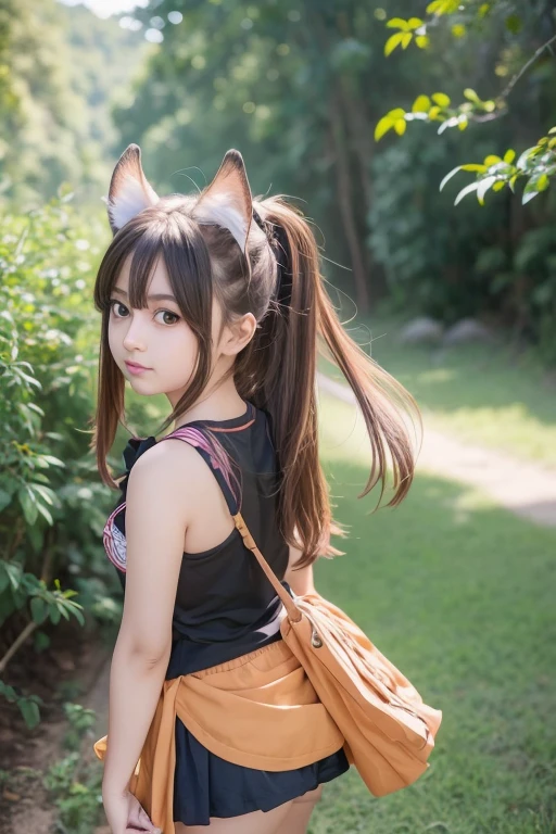 Girl with a furry Tail , Fox girl, Fox Tail, Tail, collared shirt,Smile、night、original photography、(((ultimate beauty portrait)))、((sparkling skin))、1 girl、Beautiful 15 year old girl from Prague、((brown hair))、((Big eyes sparkling like gems))、Harajuku,collared shirt、mini skirt,pantyhose、Glowing and radiant skin、(medium hair)、(Silky PonyTail Hair)、Eyeliner、beautiful bangs、hair between eyes、((masterpiece、top quality、ultra-deTailliert、movie light、intricate-deTail、high resolution、ighly deTailed))、background for this、8 kood、digital SLR、soft light、high quality、film grain、富士XT3 、shallow view deep、natural soft light、Kamimei、See the knees, upright ,(whole body :1.5),(Above the legs:1.5),(((from below:1.5)))