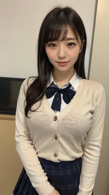 Japanese female 1 person、1, Baby Face, Large Breasts, Big Ass、 high school girl、 natural body shape、 white skin、 natural makeup、 black hair、 bangs、 straight long hair、(long sleeve cardigan、 white blouse、 plaid pleated skirt)、((The upper body is wearing a uniform))、school classroom、 looking at the camera、