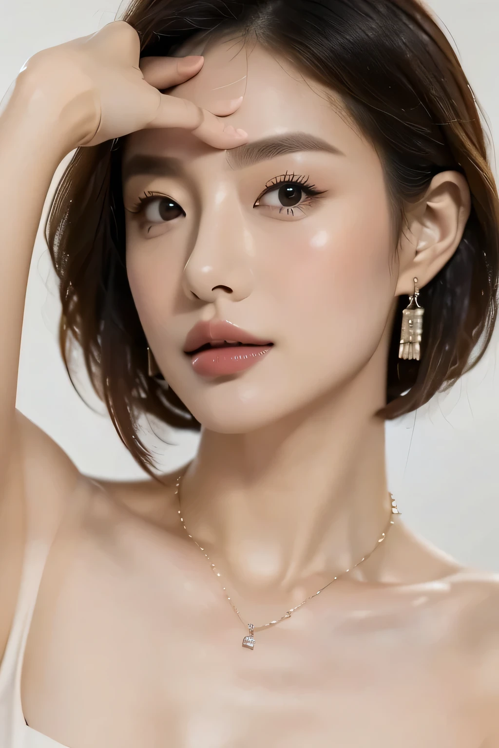 (Best Quality,8k,masterpiece),Japanese model gets into trouble,Very short hair,Captivating beauty,huge ,Attractive appearance,(Detailed eyes,Detailed lips,Detailed nose),Precision Necklace,gyuru,Jewel Earrings,Paint on waist,Cinematic,,Wet your hair,Turtleneck swimsuit,