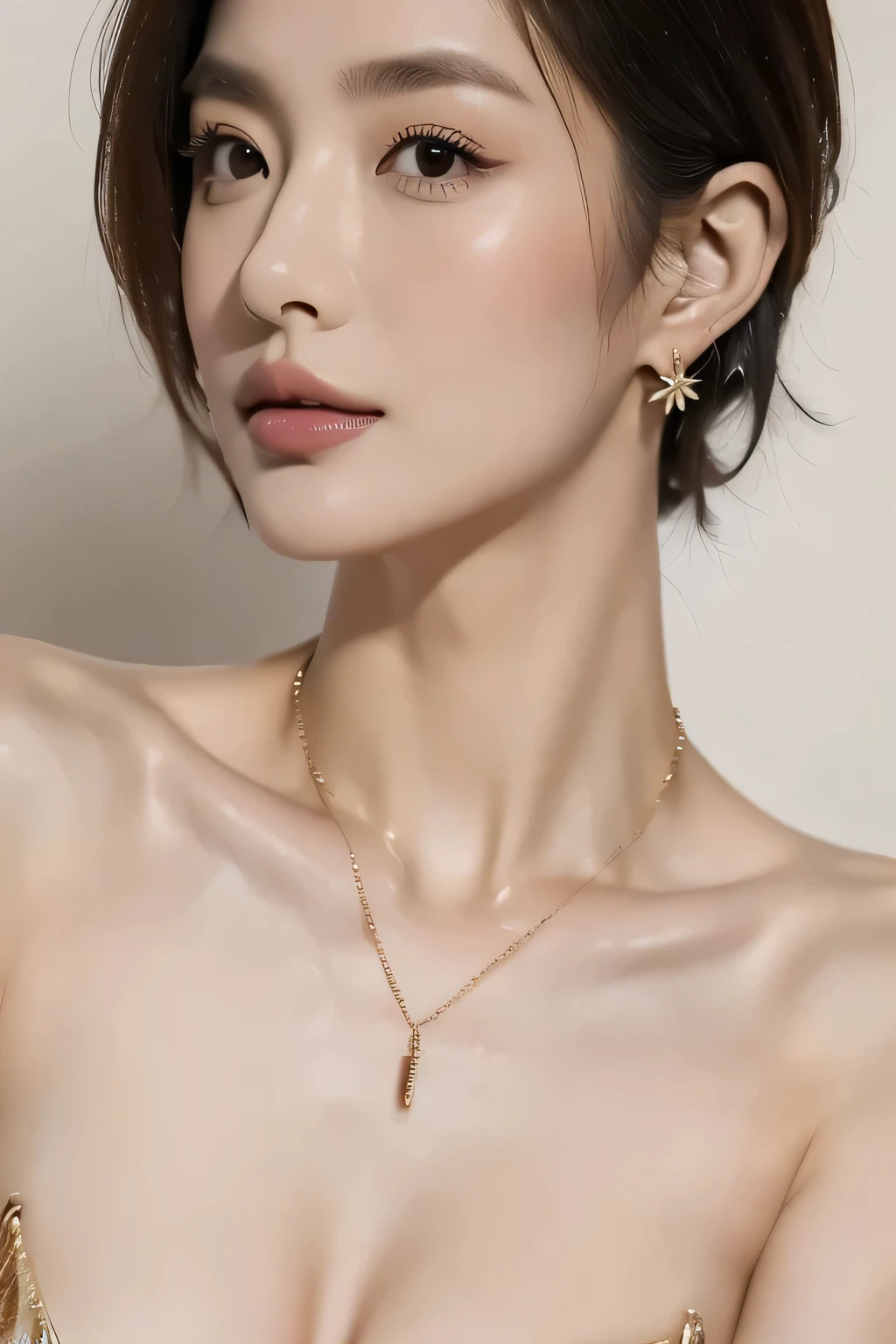 (Best Quality,8k,masterpiece),Japanese model gets into trouble,Very short hair,Captivating beauty,huge ,Attractive appearance,(Detailed eyes,Detailed lips,Detailed nose),Precision Necklace,gyuru,Jewel Earrings,Paint on waist,Cinematic,,Wet your hair,Turtleneck swimsuit,