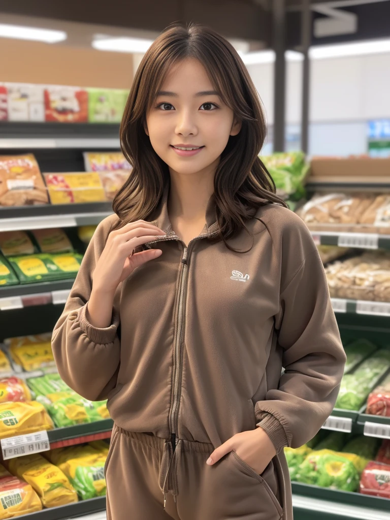 masterpiece, Best Quality,8K,Natural brown lomg hair,japanese beatiful high school girl,very nice lady,smile,teeth,,Tracksuit