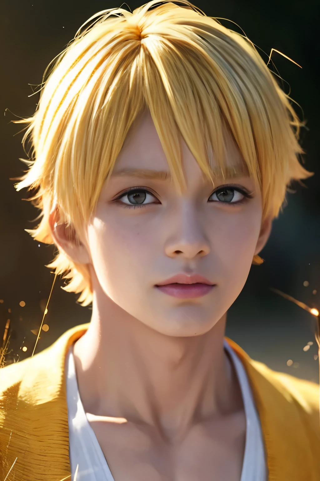 a demon slayer, zenitsu, 1boy, realistic portrait, extremely detailed, realistic skin texture, beautiful detailed eyes, beautiful detailed lips, extremely detailed face, longeyelashes, blond short hair with bangs, yellow lightning sparks