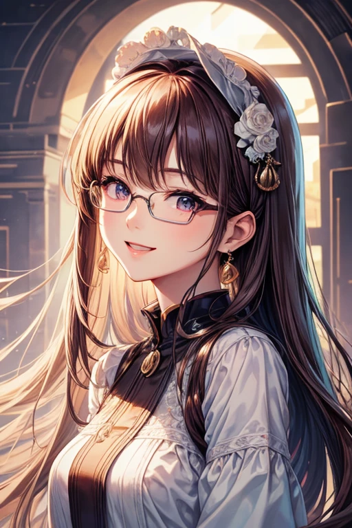 Best Quality、masterpiece、High sensitivity、High resolution、Detailed Description、Delicate facial depiction、Slender women、Glasses、Smiling face、Drawing style、