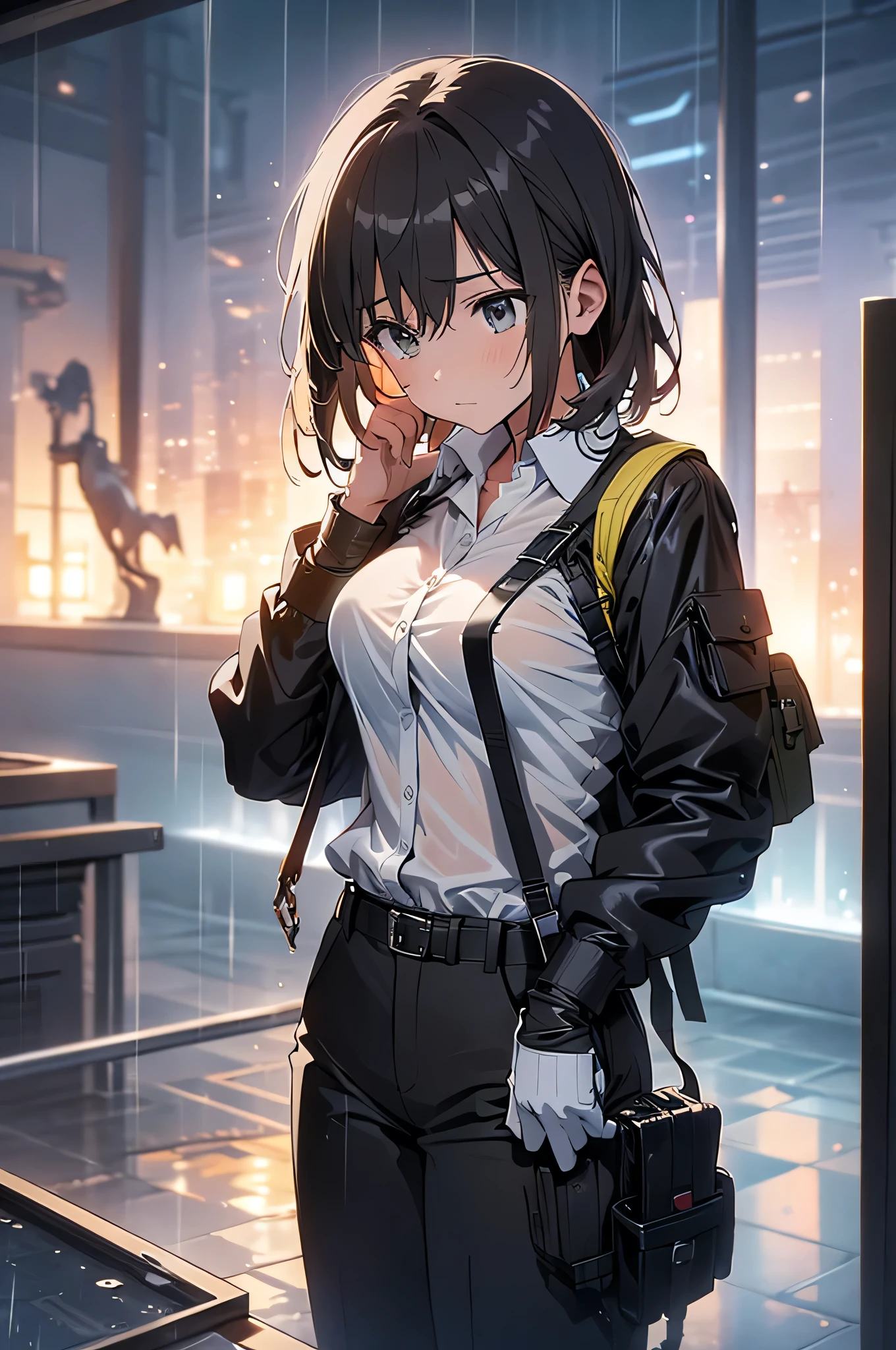 1 female, , high quality, masterpiece, Ultra-high resolution, , Cinema Lighting, , , And the suspenders with the cranes flying　　　Large Breasts　 　 　　　　Small face　 　　　holster　　　　　　　 Lying in bed　Looking up　　　　Sweat 　　　belt　summer　脇Sweat 　Black Hole Gloves　suit　shirt　　Black jacket　 Black trousers　Leg Links　ズボンにbelt　　holster　 　　Hands behind your back　 Anxious expression　Looking up　Anxious face, legs apart　Armament　Handgun　handcuffs　Cable ties　レッグholster　holster　See-through clothing　heavy rain　Getting wet in the rain
