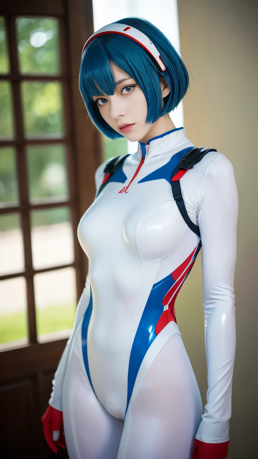 ((One Girl:1.4)),(masterpiece, Highest quality), ayanami,Plug Suit, Bodysuits, Interface Headset, white Bodysuits, Are standing,(((Looking into the camera))),Blue Hair、Berry Short、(((I can see your chest)))