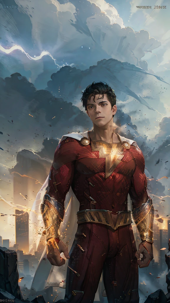 masterpiece, Billy Batson,anime,8k resolution, ultra detailed, anatomically correct ,high definition art,high brightness,ultra glowing light:200.0,High-quality rendering, A trail of vibrant energy, Dynamic and intense energy aura, Detailed illustrations, Masterpiece Presentation, Realistic lighting effects, Vibrant color palette, Highly detailed features,one male, young adult, large city landscape background,Thunderstorm,multiple lightning,Shazam's red Costume ,lightning energy electricity from hands:30.0,Facing forward,hand repair
