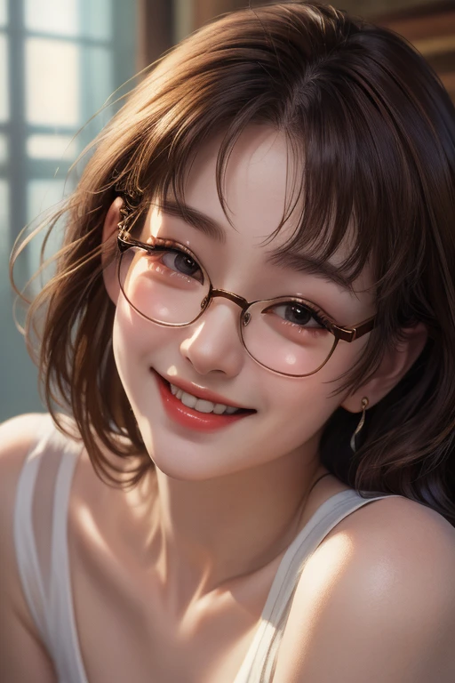 Best Quality、masterpiece、High sensitivity、High resolution、Detailed Description、Delicate facial depiction、Slender women、Glasses、Smiling face、Drawing style、