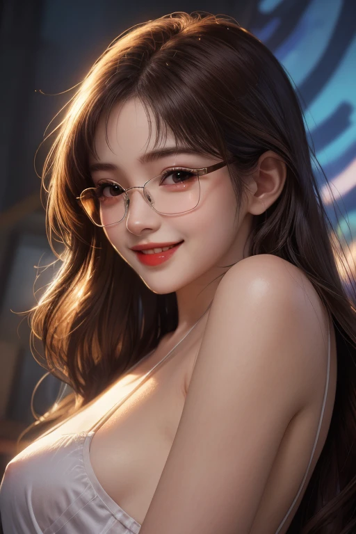 Best Quality、masterpiece、High sensitivity、High resolution、Detailed Description、Delicate facial depiction、Slender women、Glasses、Smiling face、Drawing style、