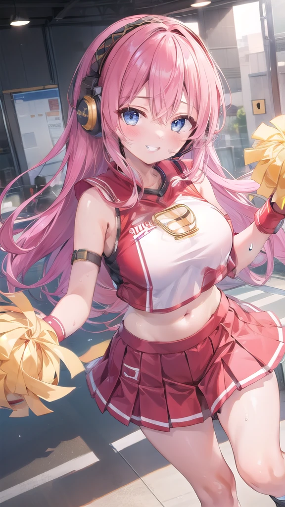 ((masterpiece)),(Best Quality),Official Art,Highly detailed CG,unity 8k wallpaper,ultra detailed,Megurine Luka,Long Hair,fringe,Headset,smile,blue eyes,Hair between the eyes,Large Breasts,Pink Hair,,Headphones,,Wrist cuff,Red Cheerleader、support、smile、Right eye wink、The whole body is visible、Overflowing with energy、Sports Venues、sun、Raise your right hand、sweat、Big pompom、One Girl、長いPink Hair、I can see the legs、 Best Quality, High resolution, Pixel perfect, 4K、Grin、smile
