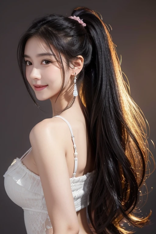 1girl, Solo, Long Hair, Black Hair, Ponytail, Large breasts, Earrings, Blush, Smile, Closed Mouth, Hair Clip, Simple background, Cowboy Shot, Impressionism, High Resolution, Masterpiece, Accurate, Anatomically Correct, Award Winning, Best Quality, Detail, HD, High Quality, Super Detailed, Textured Skin, UHD, Standing, Full Body