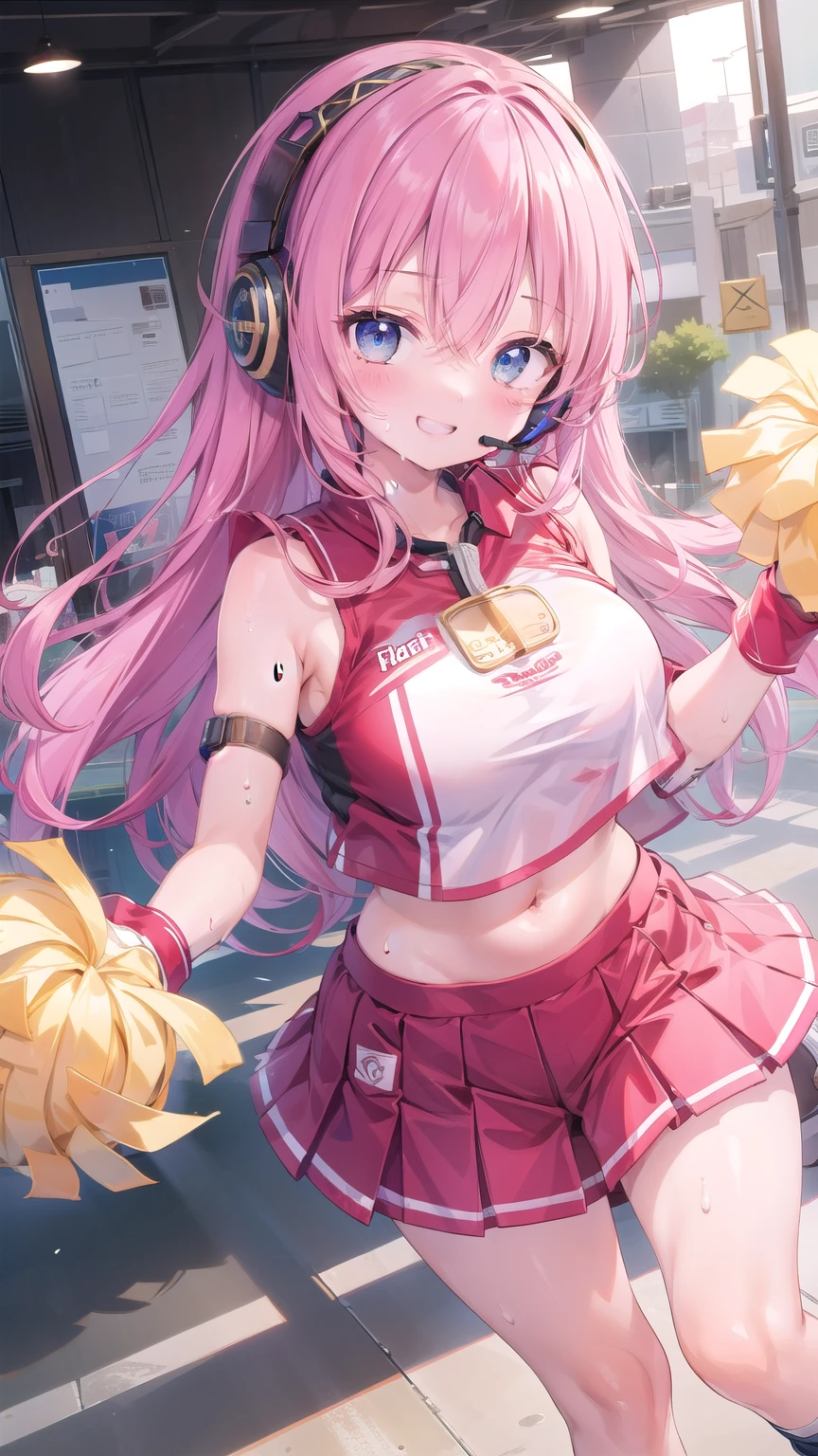 ((masterpiece)),(Best Quality),Official Art,Highly detailed CG,unity 8k wallpaper,ultra detailed,Megurine Luka,Long Hair,fringe,Headset,smile,blue eyes,Hair between the eyes,Large Breasts,Pink Hair,,Headphones,,Wrist cuff,Red Cheerleader、support、smile、Right eye wink、The whole body is visible、Overflowing with energy、Sports Venues、sun、Raise your right hand、sweat、Big pompom、One Girl、長いPink Hair、I can see the legs、 Best Quality, High resolution, Pixel perfect, 4K、Grin、smile
