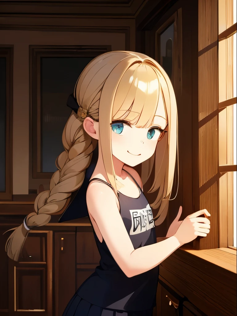 artist:Fuumi, Reines, 1girl, high quality, best quality, illustration, masterpiece, (highly detailed:1.2), (extremely detailed:1.3), flat chest, white tank top, school skirt, young girl, braid, (children:1.2), , in a house, smiling